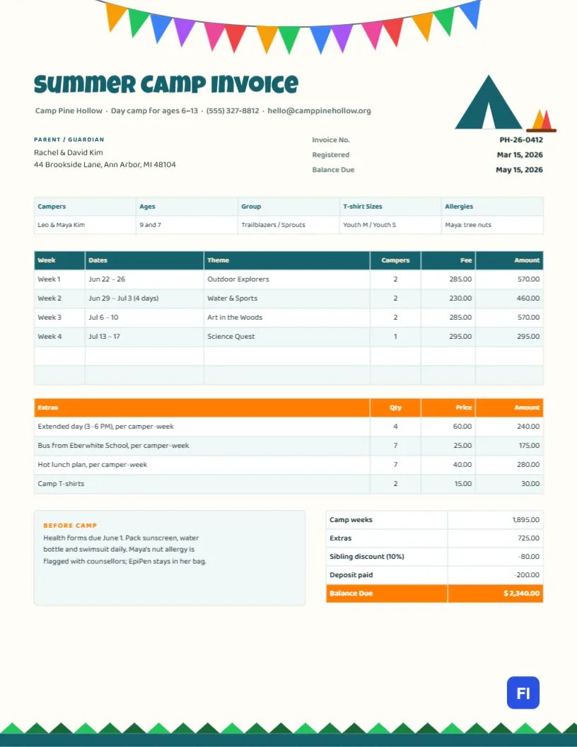 Summer Camp Invoice with Bunting Flags, a Tent and Weekly Sessions