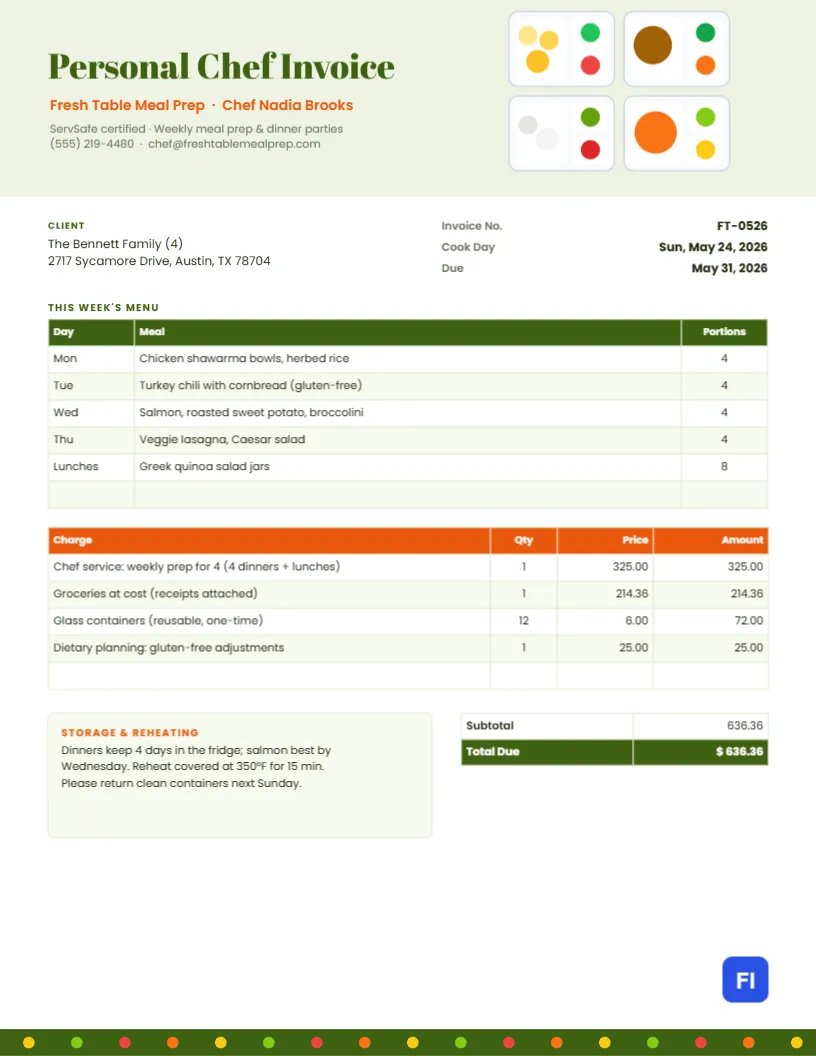 Personal Chef Invoice with Meal-Prep Containers and a Weekly Menu