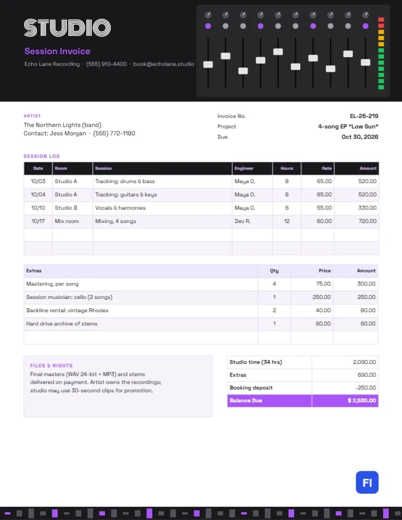 Recording Studio Invoice with a Mixing Console Header
