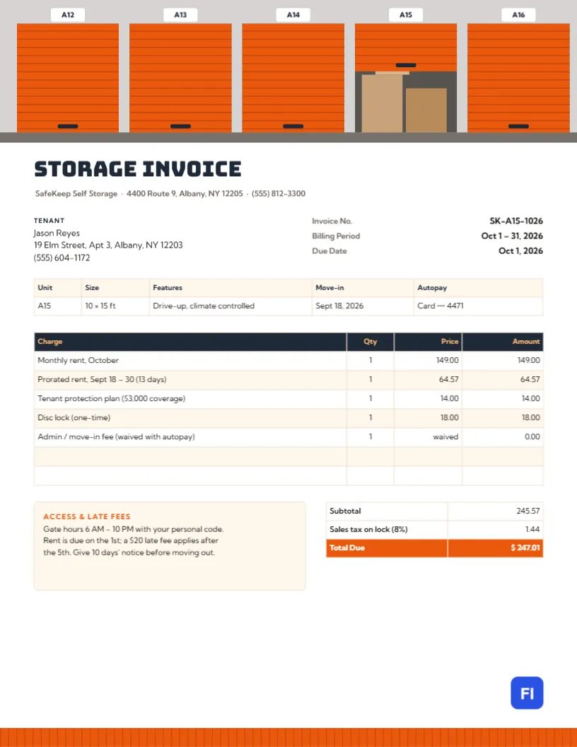 Self-Storage Invoice with a Row of Orange Roll-Up Unit Doors