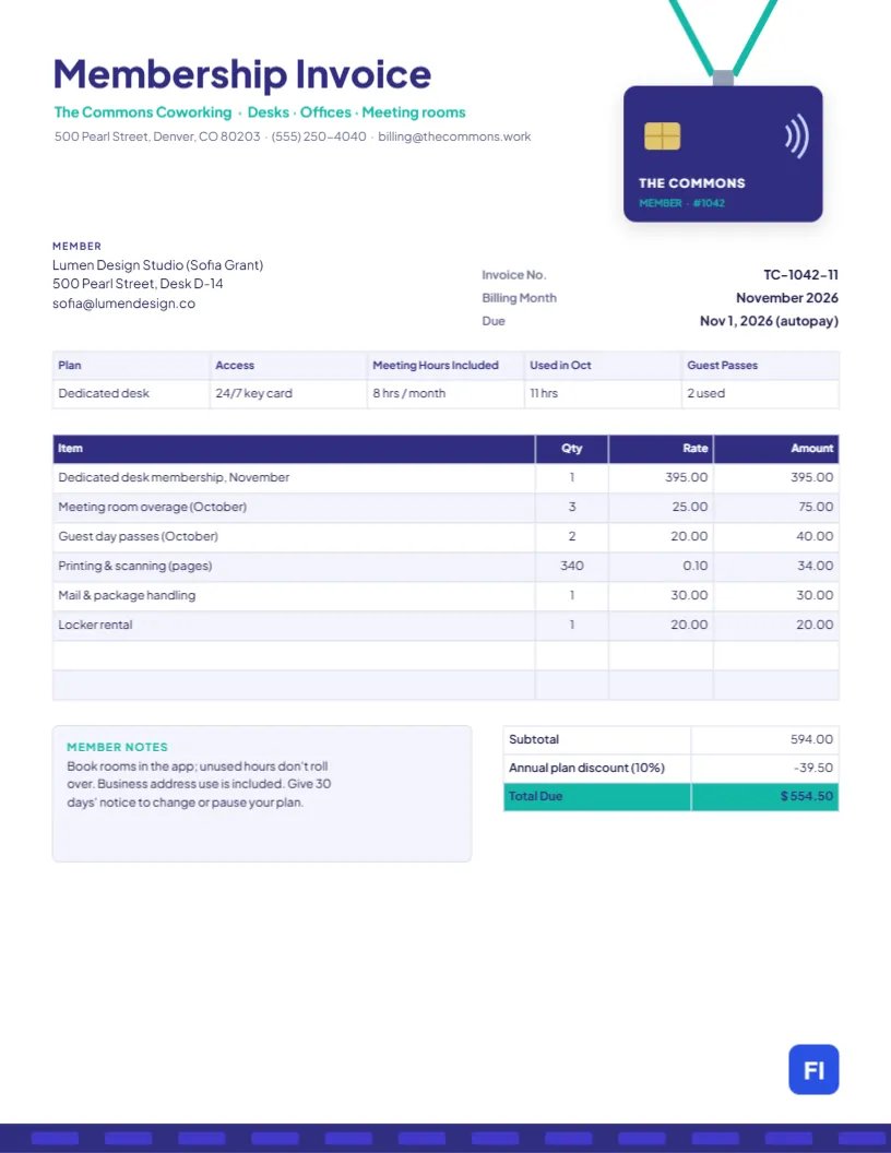 Coworking Membership Invoice with a Member Key Card on a Lanyard