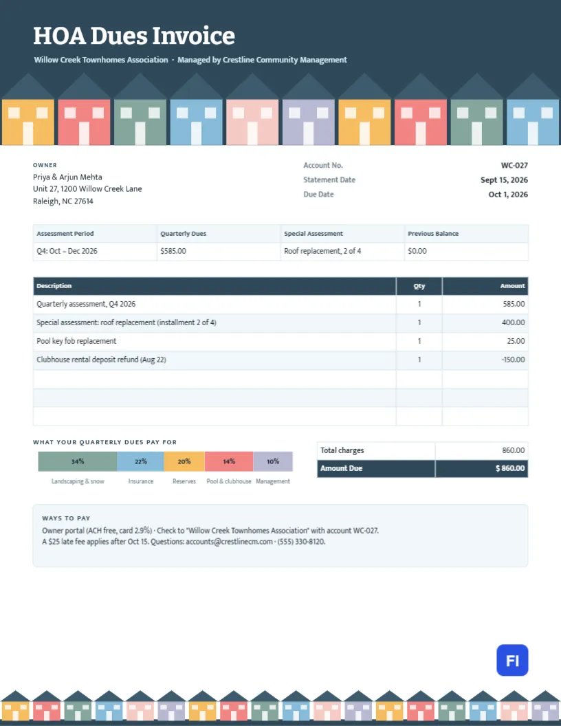 HOA Dues Invoice with a Row of Pastel Townhouses