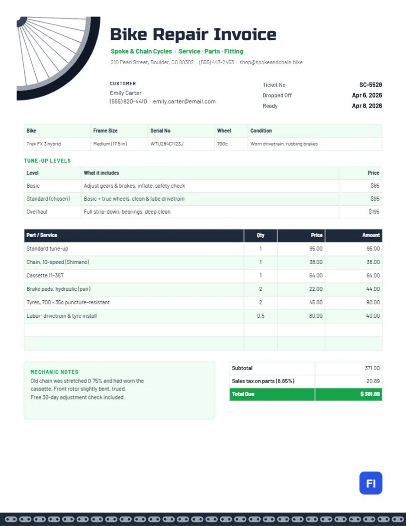 Bicycle Repair Invoice with a Spoked Wheel and Chain-Link Footer