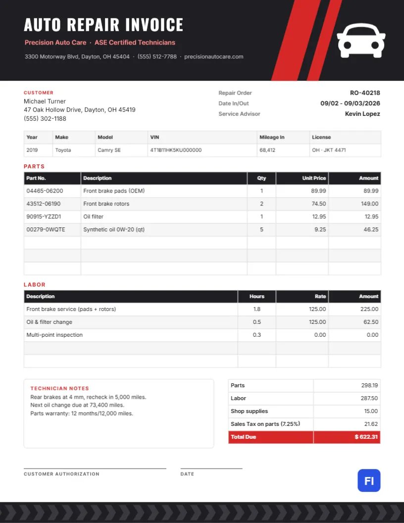 Auto Repair Invoice Template