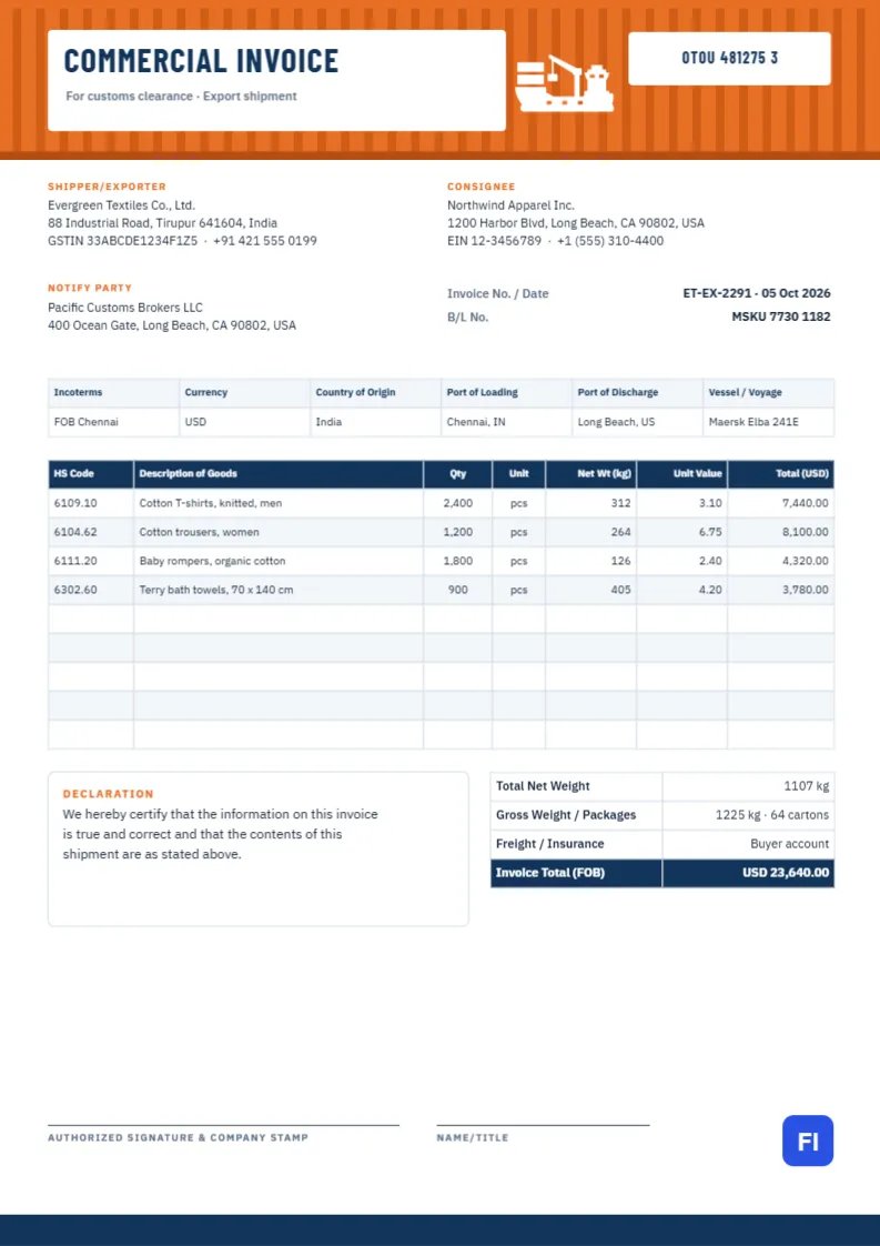 Commercial Invoice Template for Export