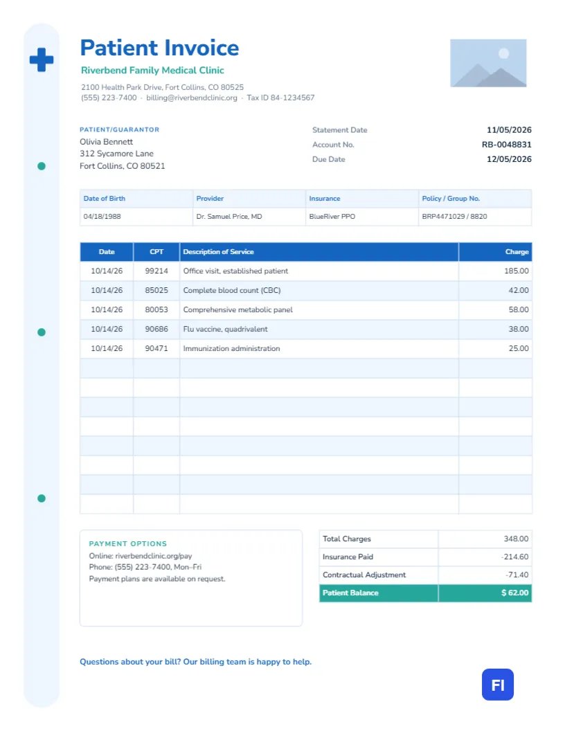 Medical Clinic Patient Invoice with CPT Codes and Insurance Credits