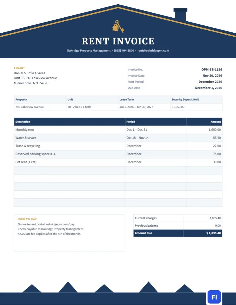Rent Invoice Template for Landlords with a Roofline Header