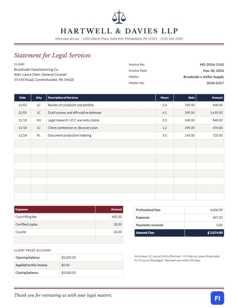 Attorney Invoice Template – Statement for Legal Services with Trust Account