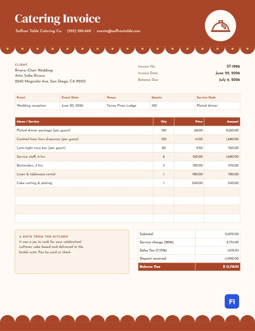 Catering Invoice Template with a Scalloped Awning and Per-Guest Pricing