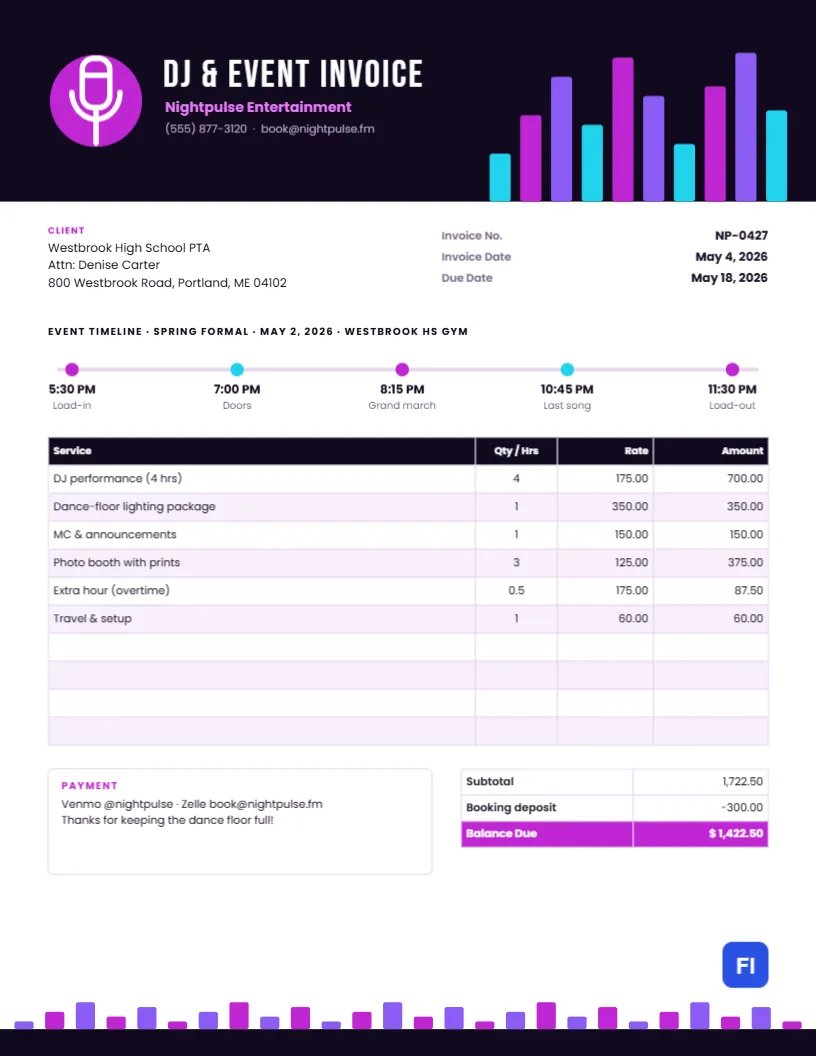 DJ & Event Entertainment Invoice with a Neon Equalizer and Timeline