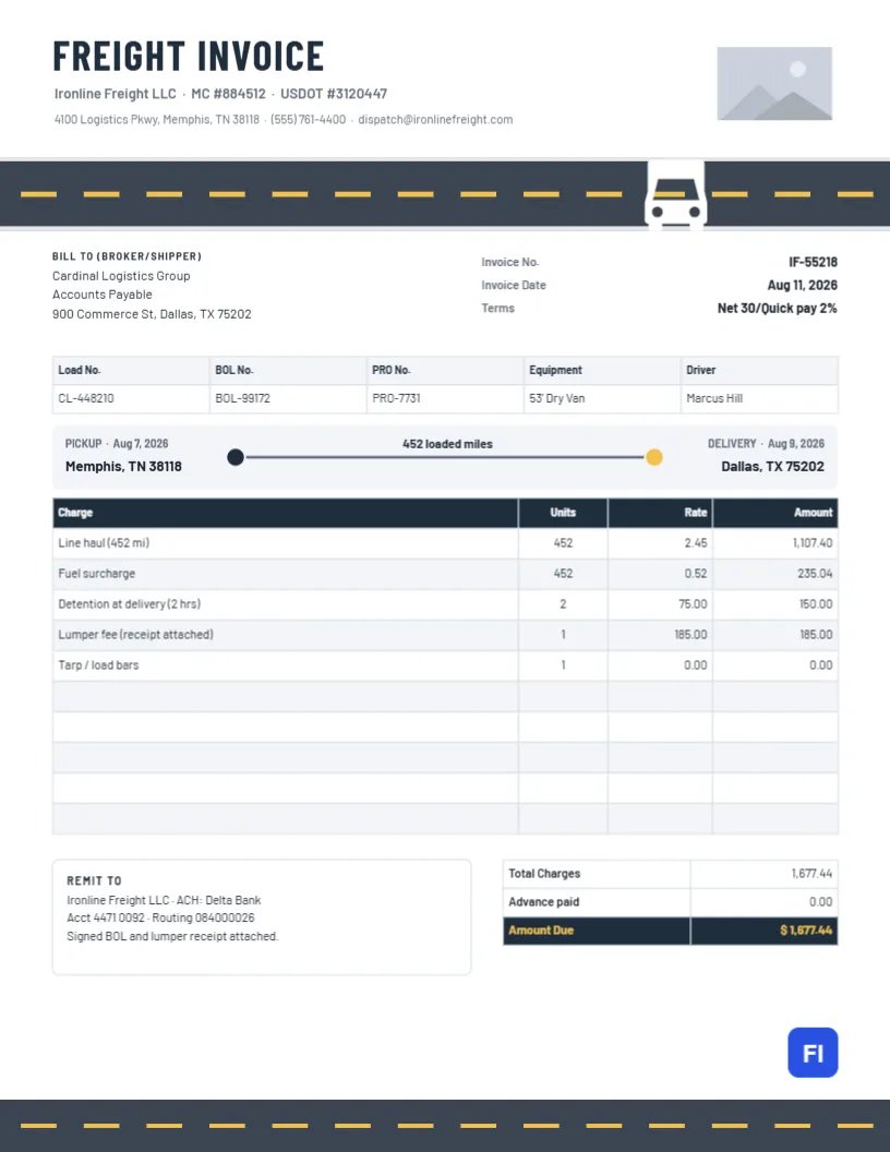 Trucking & Freight Invoice Template with Load, BOL and Route Details