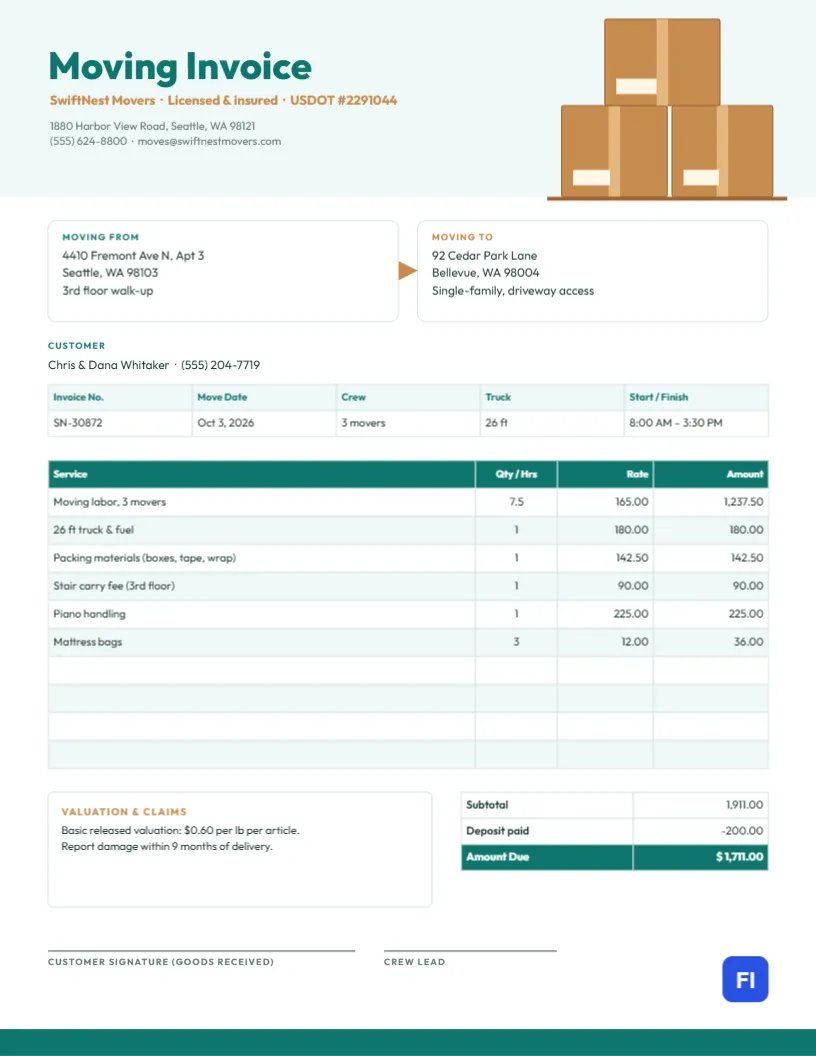 Moving Company Invoice with Stacked Boxes and Origin-to-Destination Cards