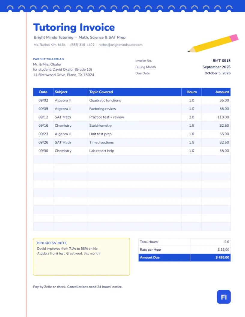 Tutoring Invoice Template on a Spiral Notebook Page with a Session Log