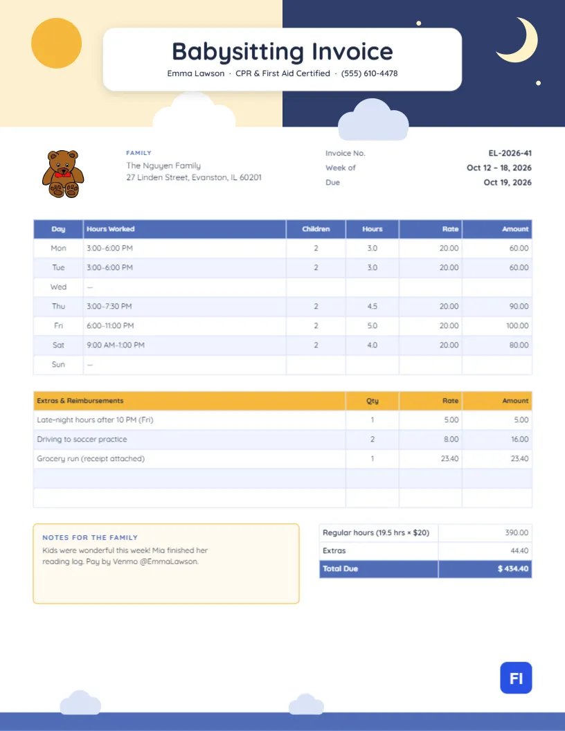Babysitting & Nanny Invoice with a Day-and-Night Sky Header