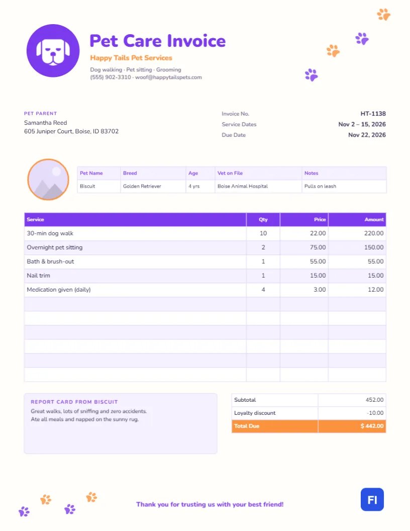Pet Care Invoice for Dog Walking, Pet Sitting and Grooming
