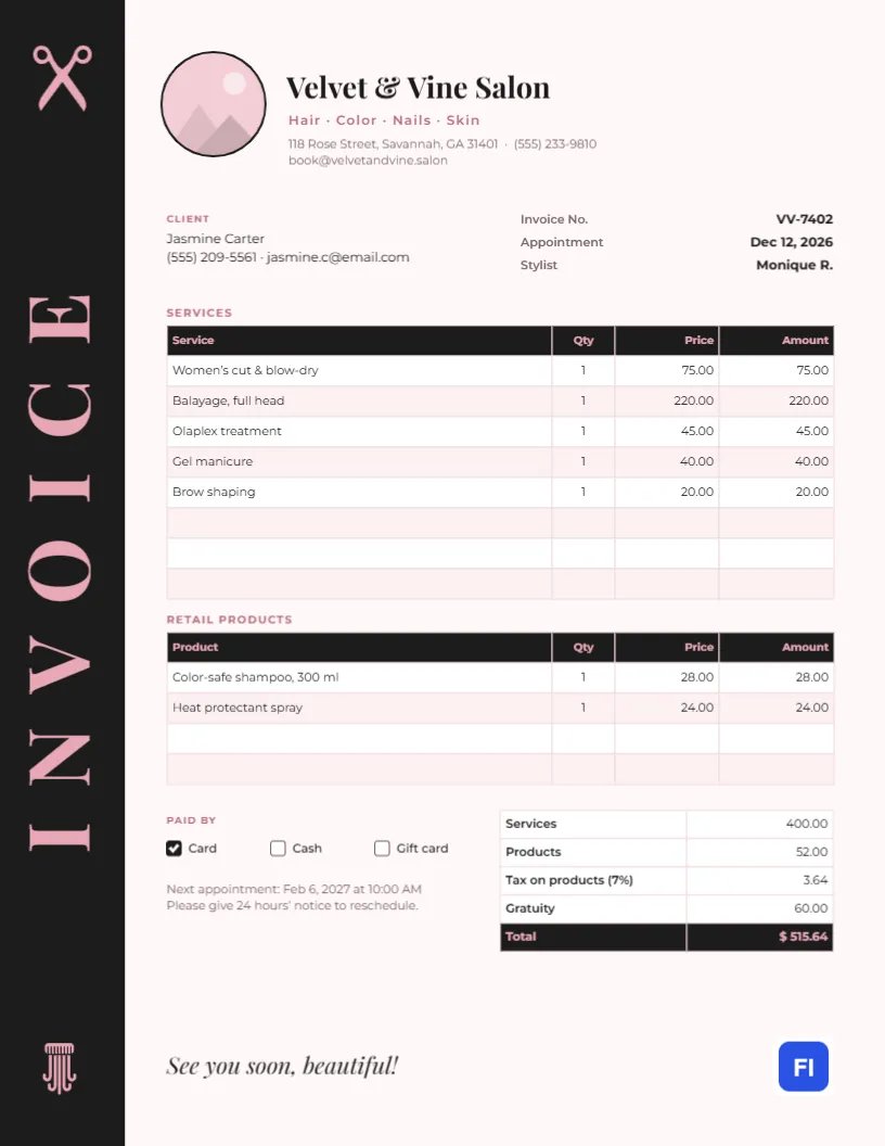 Hair Salon & Beauty Invoice with a Black Side Strip and Rose Accents