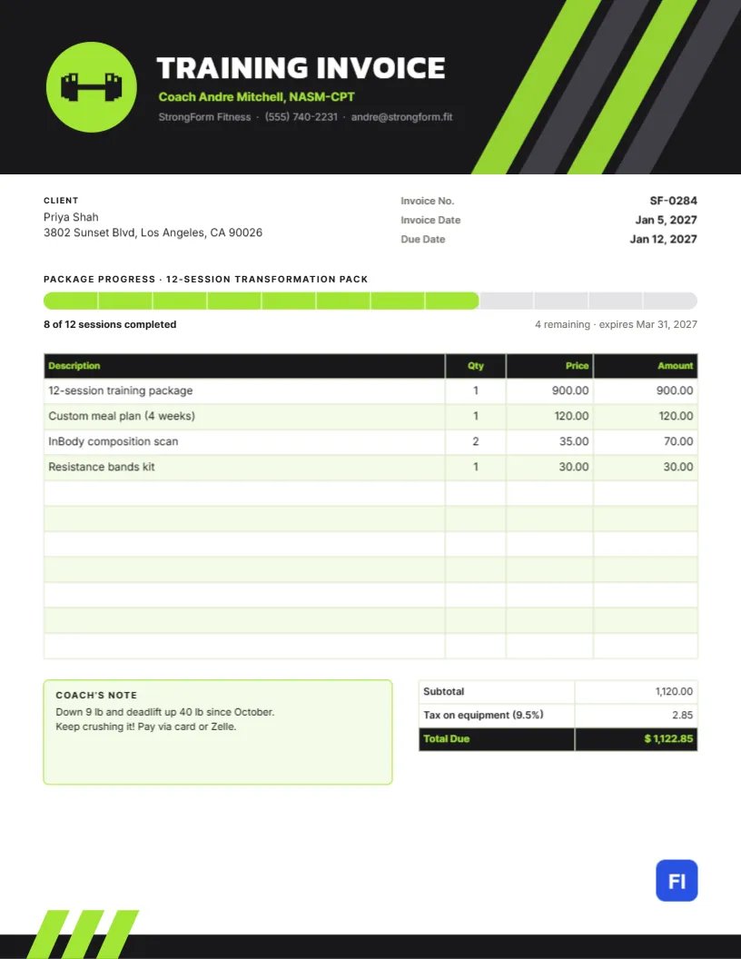 Personal Trainer Invoice with Lime Speed Stripes and a Session Tracker