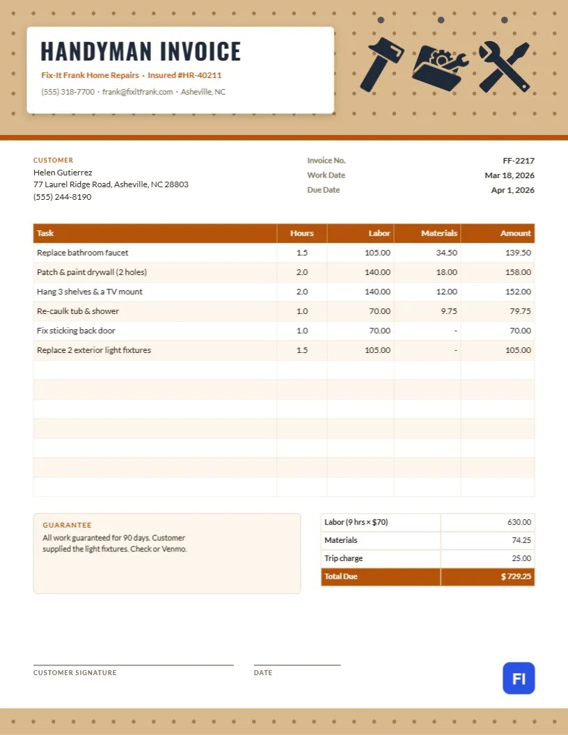 Handyman Invoice Template with a Pegboard of Hanging Tools