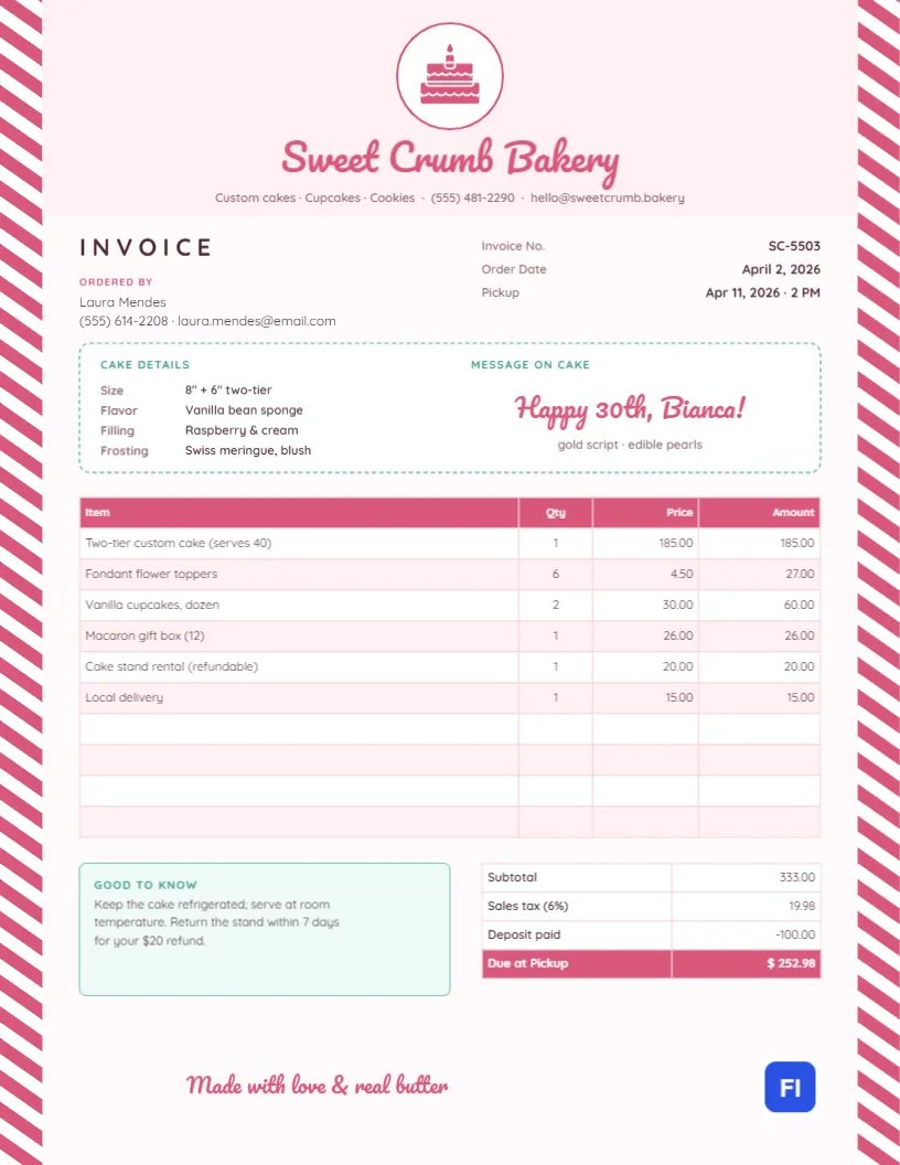 Bakery Invoice for Custom Cake Orders with Candy-Stripe Borders