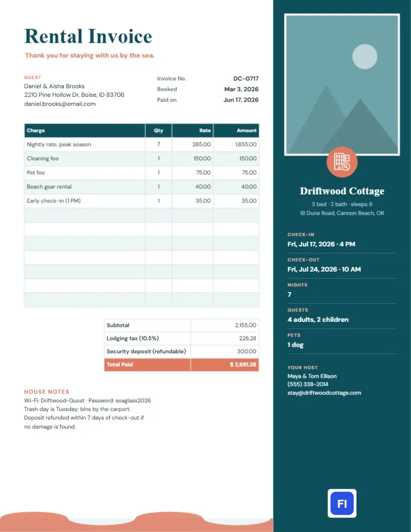 Vacation Rental Invoice with a Property Photo Sidebar and Stay Summary