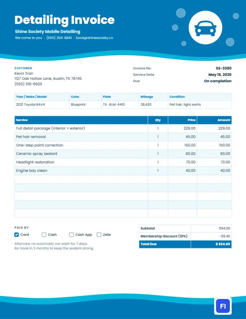 Car Detailing Invoice with a Wave Header and Soap-Bubble Car Badge