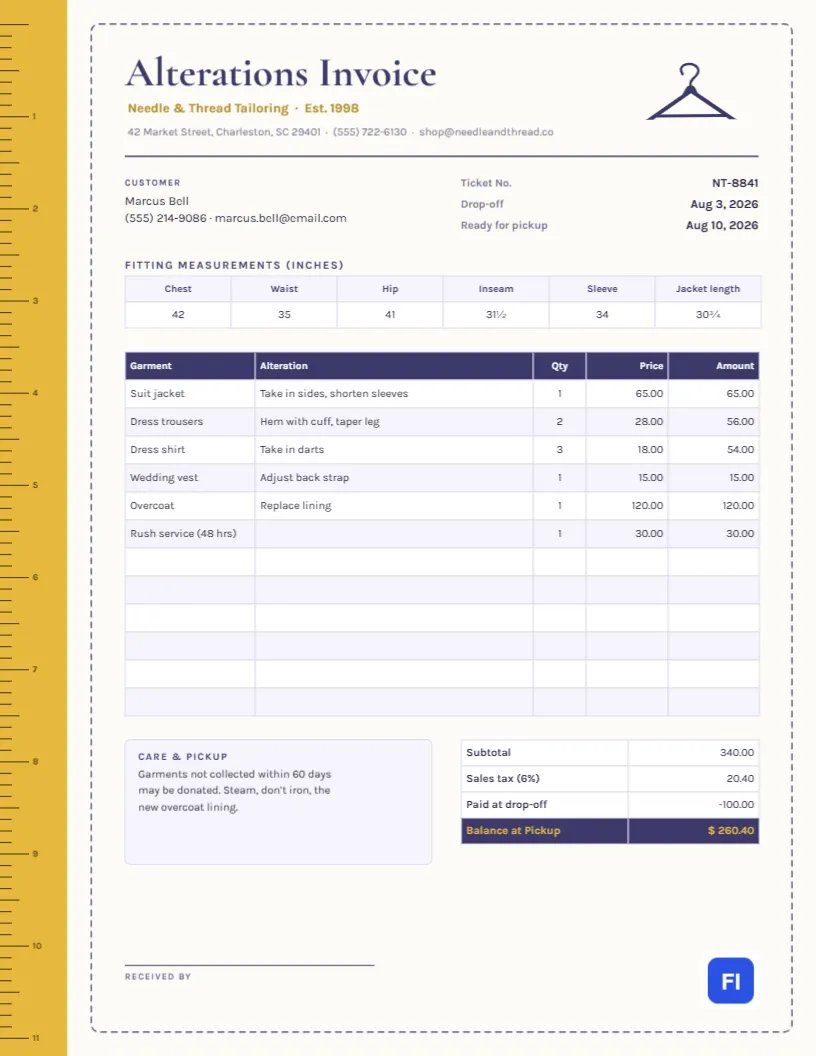 Tailoring & Alterations Invoice with a Measuring Tape and Stitch Border