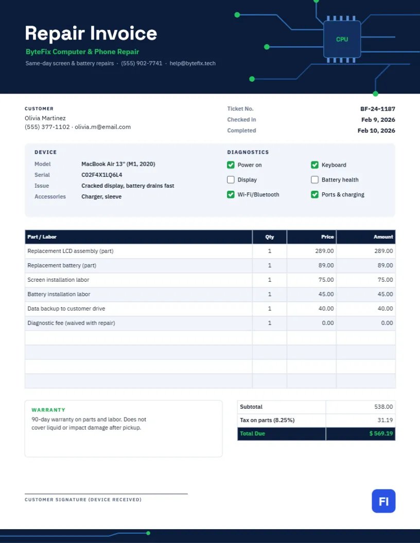 Computer & Phone Repair Invoice with a Circuit Board Header