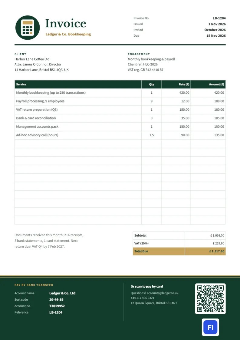 Bookkeeping Invoice with Ledger Rules, Bank Details Panel and Pay QR
