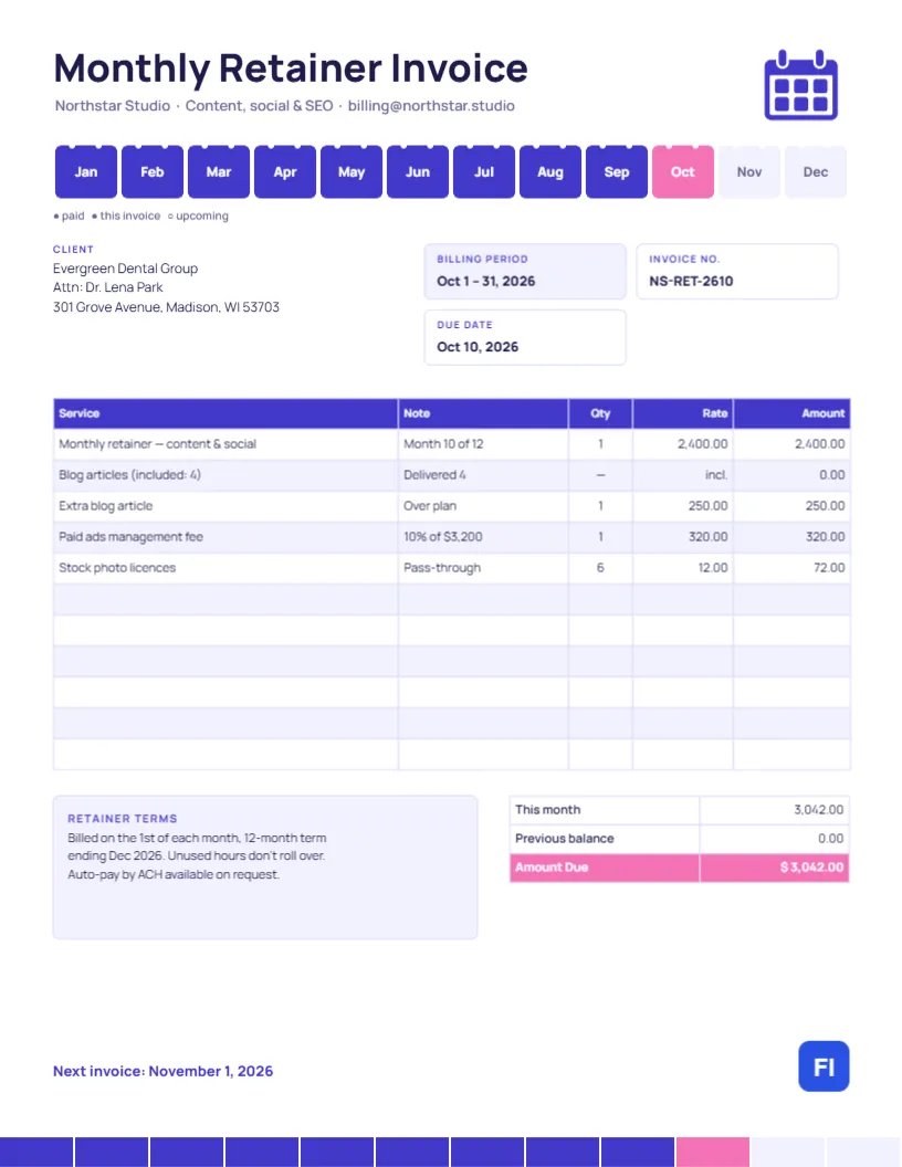Monthly Retainer Invoice with a Twelve-Month Calendar Strip