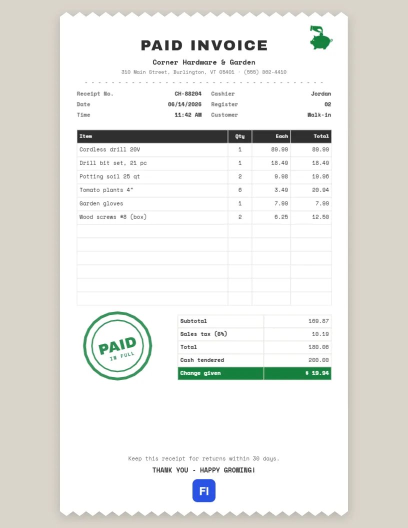 Paid Invoice & Cash Sales Receipt on Torn Receipt Paper with a PAID Stamp